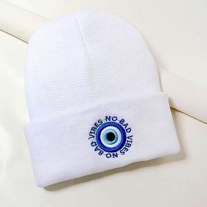 Evil Eye & Slogan Embroidered Cuff Beanie NWT